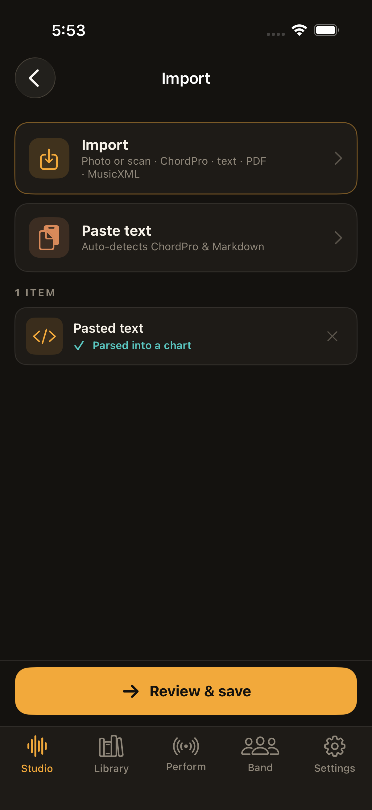 MusicianOS Import Inbox with a chart just parsed, ready to save
