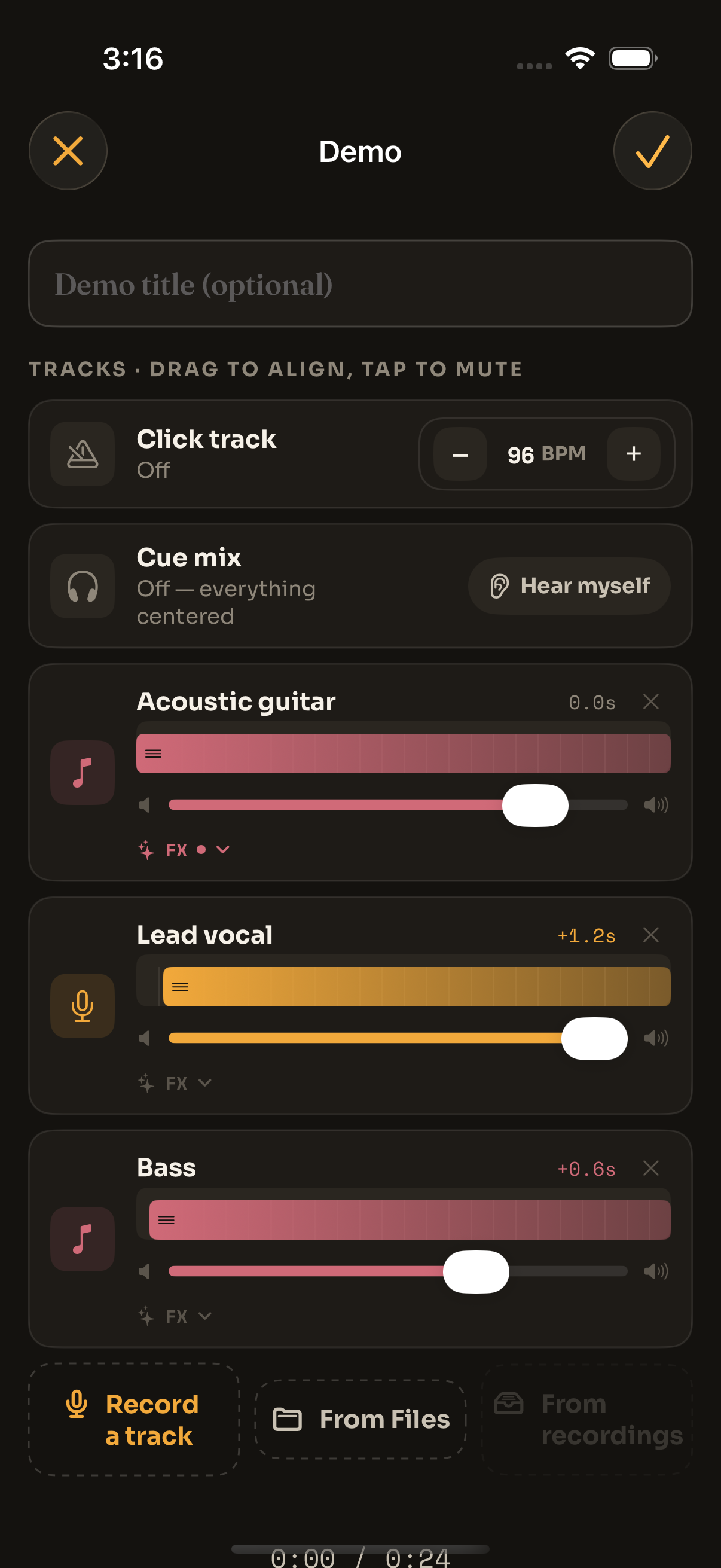 MusicianOS Demo mixer with tracks playing
