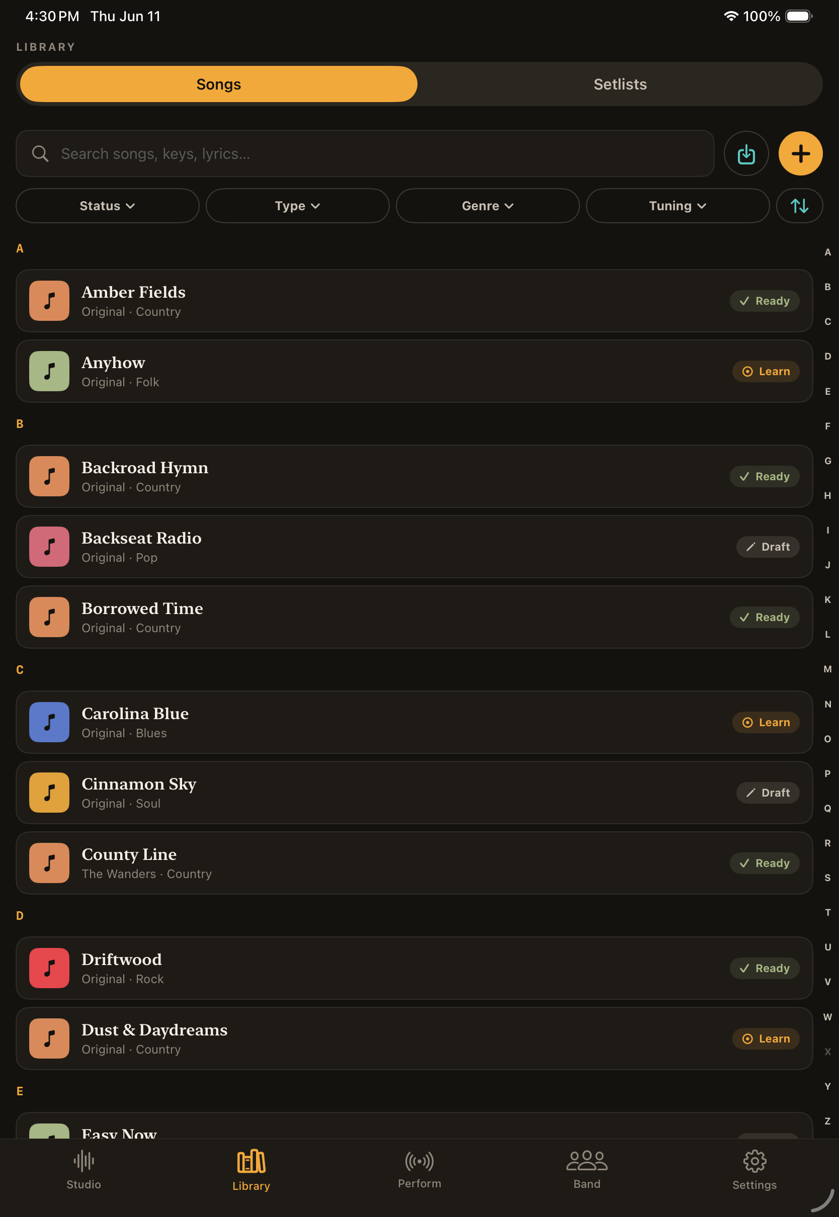 MusicianOS — Song Library on iPad
