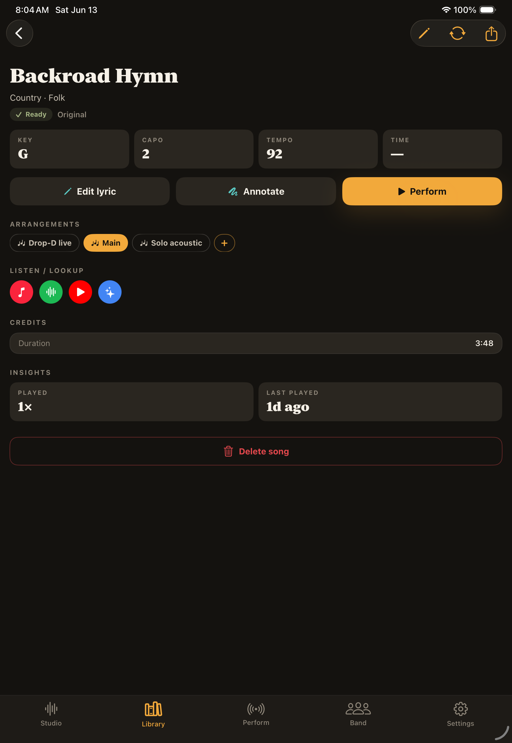 MusicianOS — Song detail on iPad