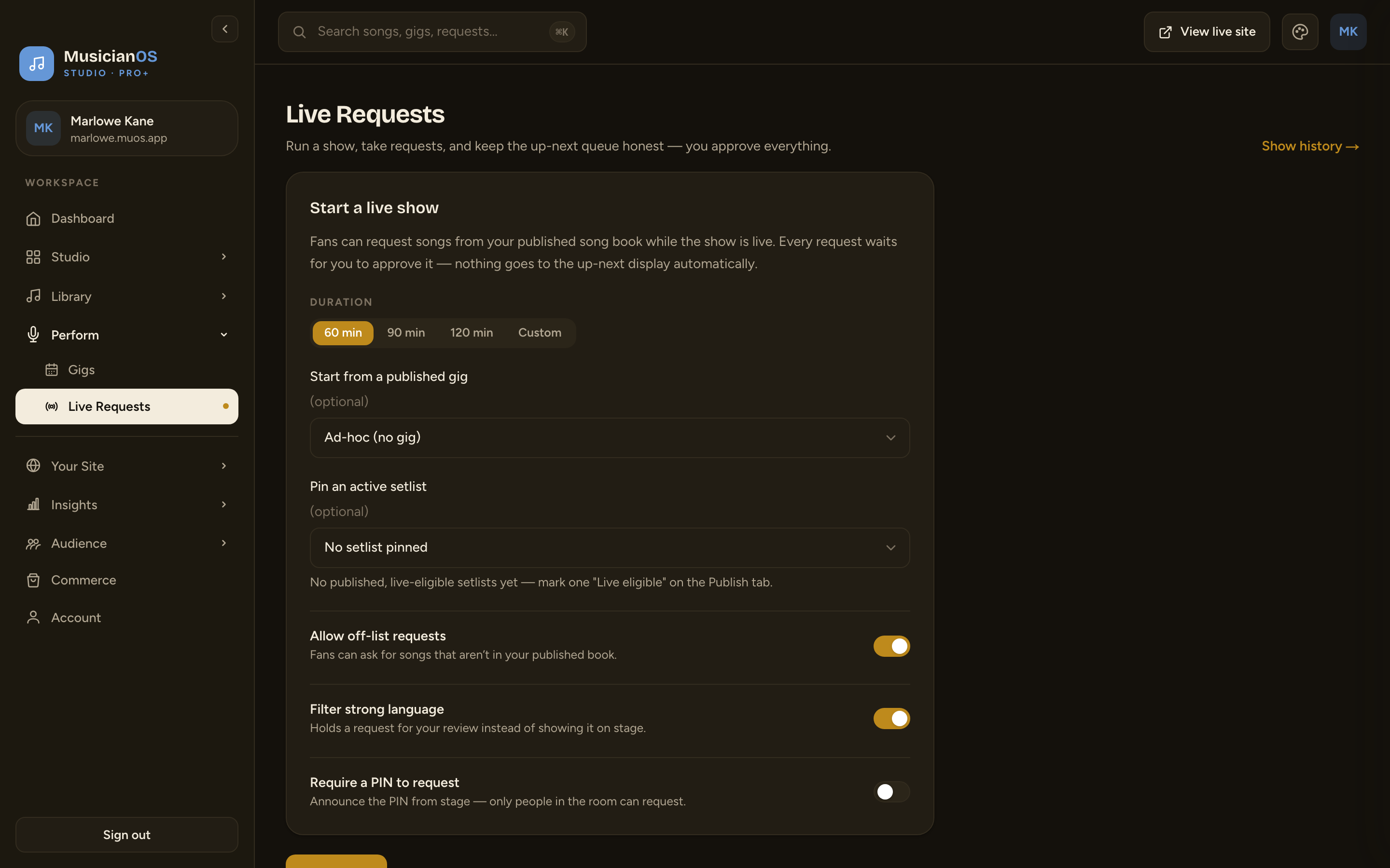 MusicianOS — Live requests & tips