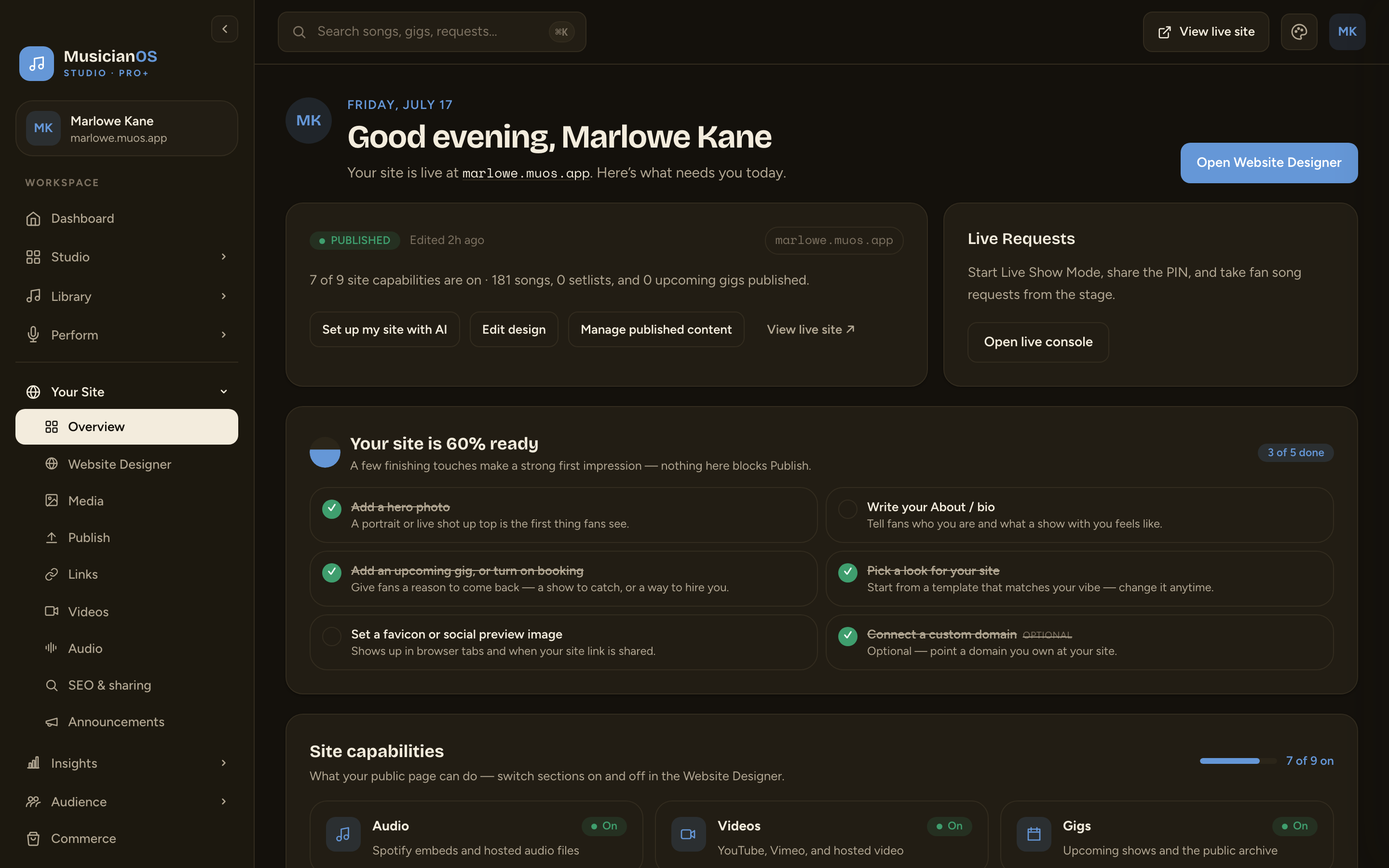MusicianOS — Your own artist website